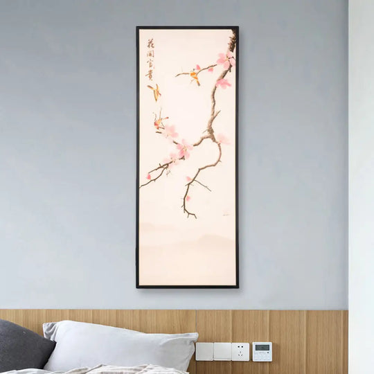 Stunning Asian Style Led Wall Mount Sconce With Black Bird And Peach Blossom Painting Fabric Shade