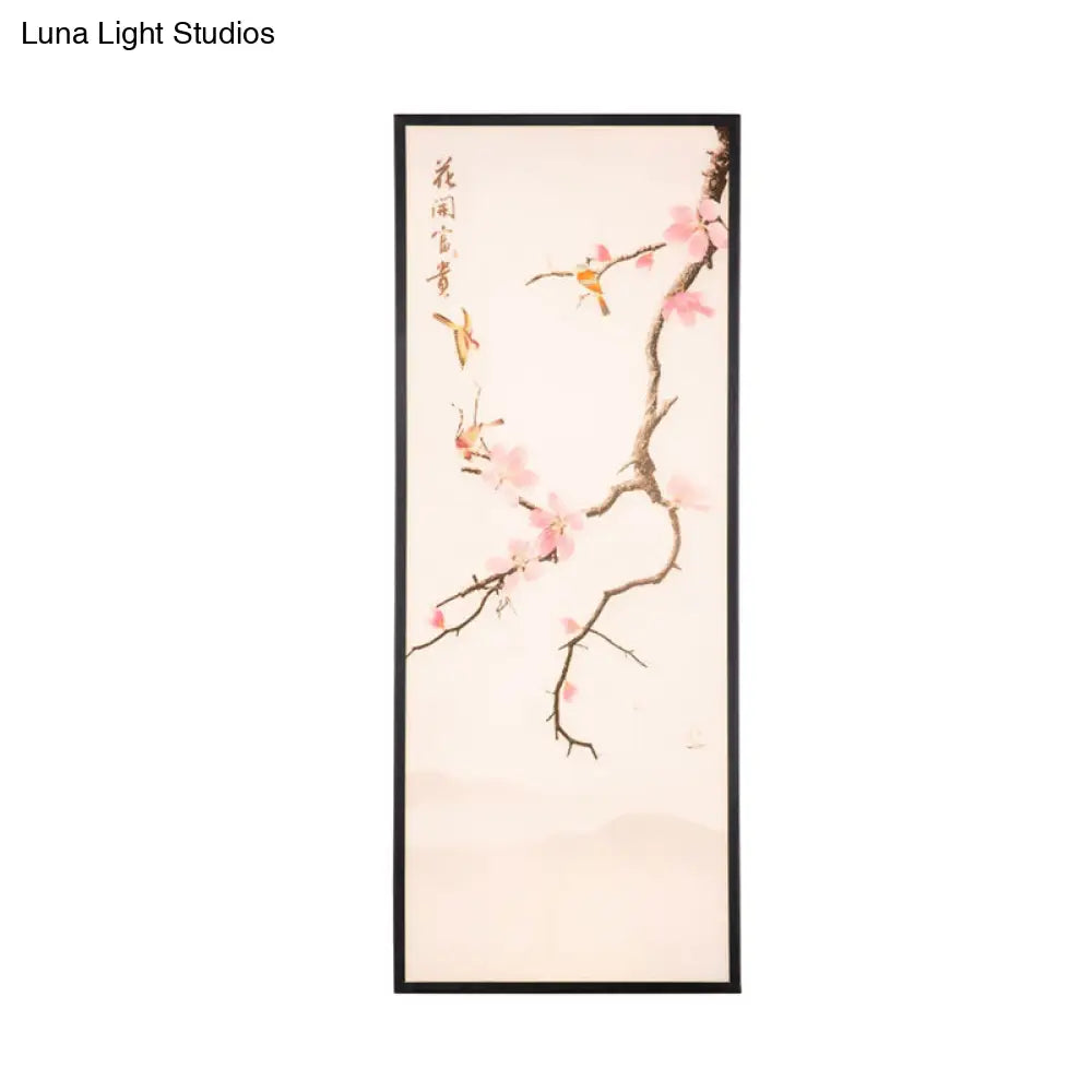 Stunning Asian Style Led Wall Mount Sconce With Black Bird And Peach Blossom Painting Fabric Shade