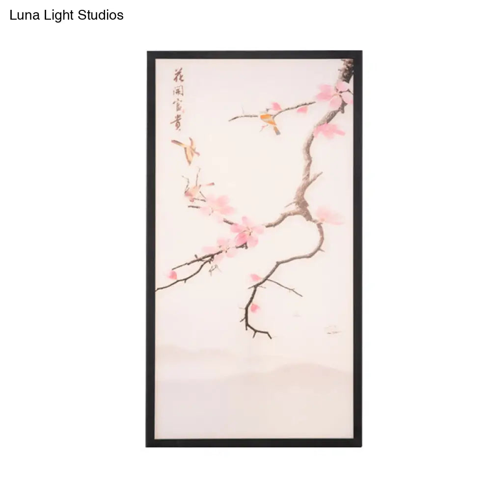 Stunning Asian Style Led Wall Mount Sconce With Black Bird And Peach Blossom Painting Fabric Shade