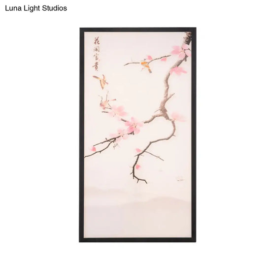 Stunning Asian Style Led Wall Mount Sconce With Black Bird And Peach Blossom Painting Fabric Shade