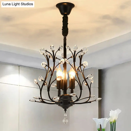 Stunning Black/Gold Branch Chandelier With Crystal Accents - Modern 3-Bulb Hanging Light For Dining