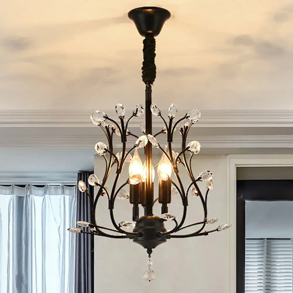 Stunning Black/Gold Branch Chandelier With Crystal Accents - Modern 3-Bulb Hanging Light For Dining