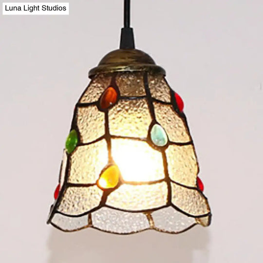 Tiffany Glass Trumpet Ceiling Lamp: Clear Hand-Cut With Colorful Bead Pendant
