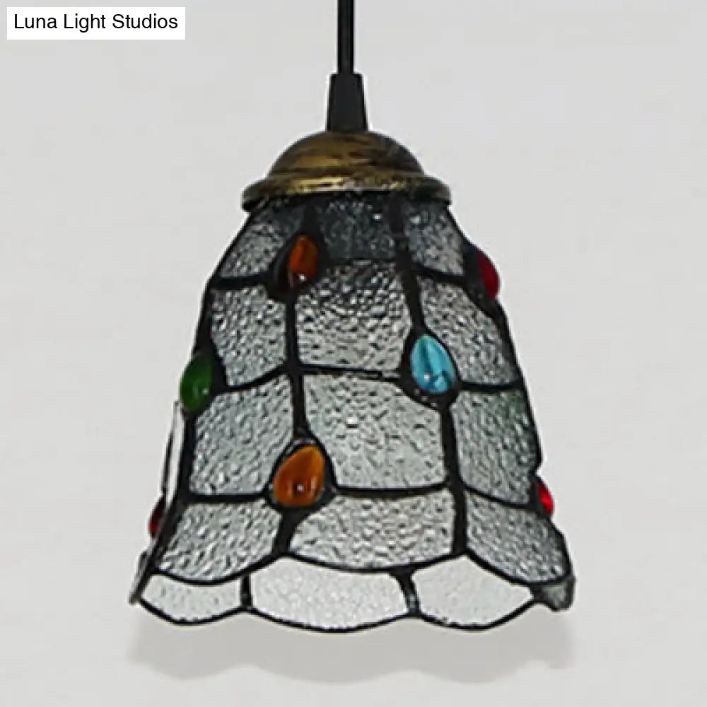 Tiffany Glass Trumpet Ceiling Lamp: Clear Hand-Cut With Colorful Bead Pendant