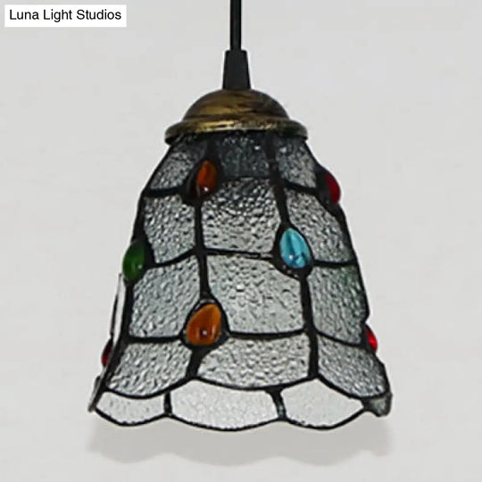 Stunning Clear Glass Trumpet Ceiling Lamp Tiffany Style With Colorful Bead - Elegant 1-Head Pendant