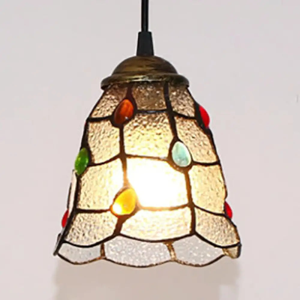 Stunning Clear Glass Trumpet Ceiling Lamp Tiffany Style With Colorful Bead - Elegant 1-Head Pendant