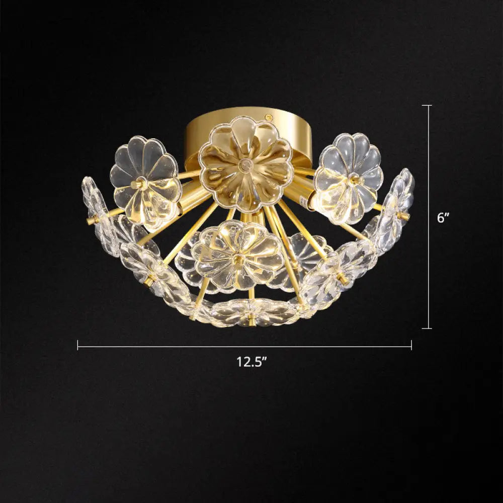 Stunning Crystal Flower Semi Mount Ceiling Light In Modern Gold Finish - Perfect For Bedrooms /