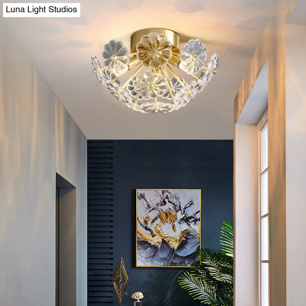 Stunning Crystal Flower Semi Mount Ceiling Light In Modern Gold Finish - Perfect For Bedrooms