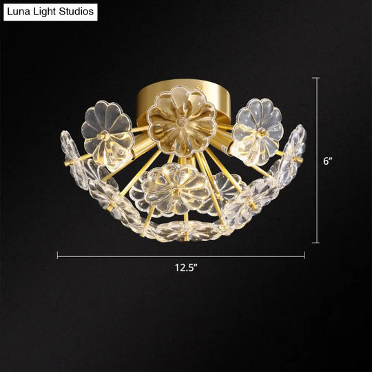 Stunning Crystal Flower Semi Mount Ceiling Light In Modern Gold Finish - Perfect For Bedrooms / 12.5