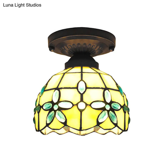 Flush Mount Ceiling Light With Crystal Flower Stained Glass Tiffany Style - Ideal For Bedrooms