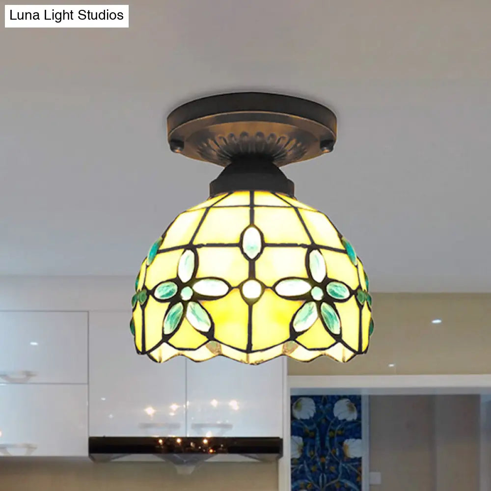 Flush Mount Ceiling Light With Crystal Flower Stained Glass Tiffany Style - Ideal For Bedrooms