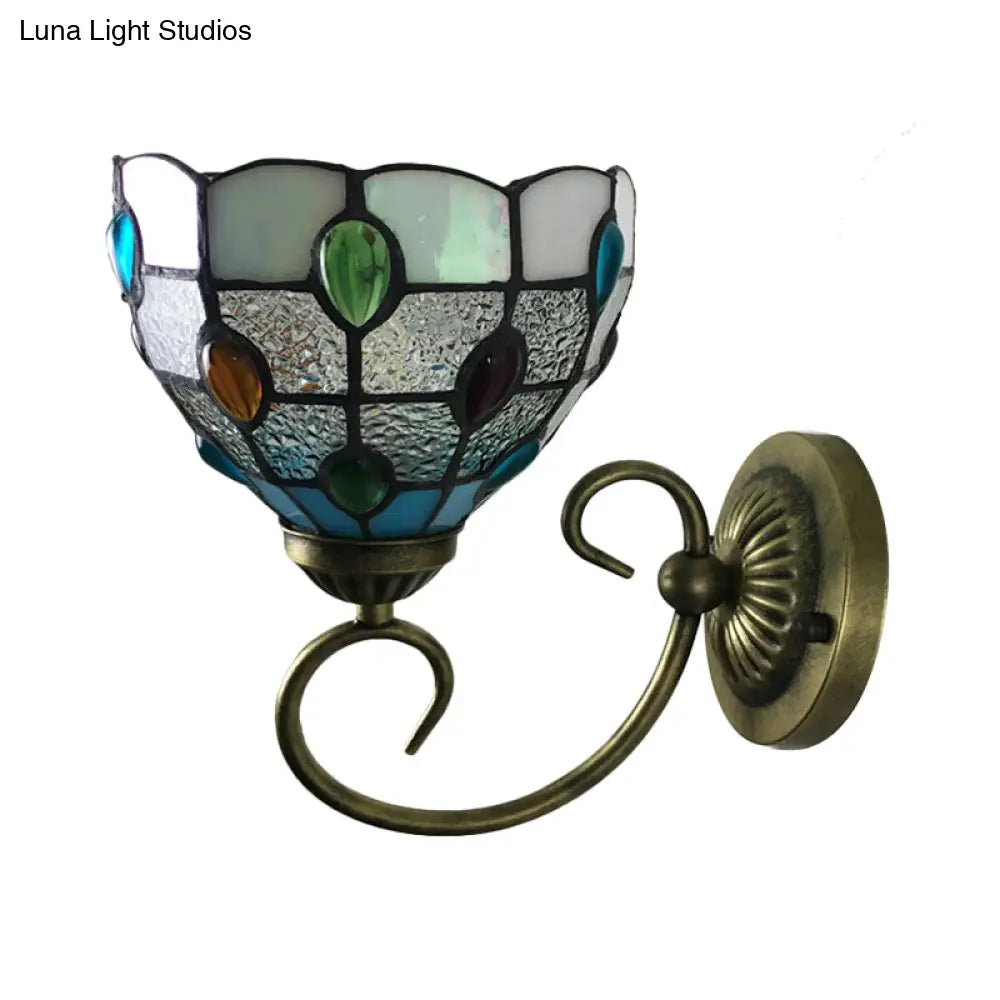 Stunning Metal Brass Tiffany Wall Sconce - Swirled Arm Design With 1-Light & Geometry Cut Glass