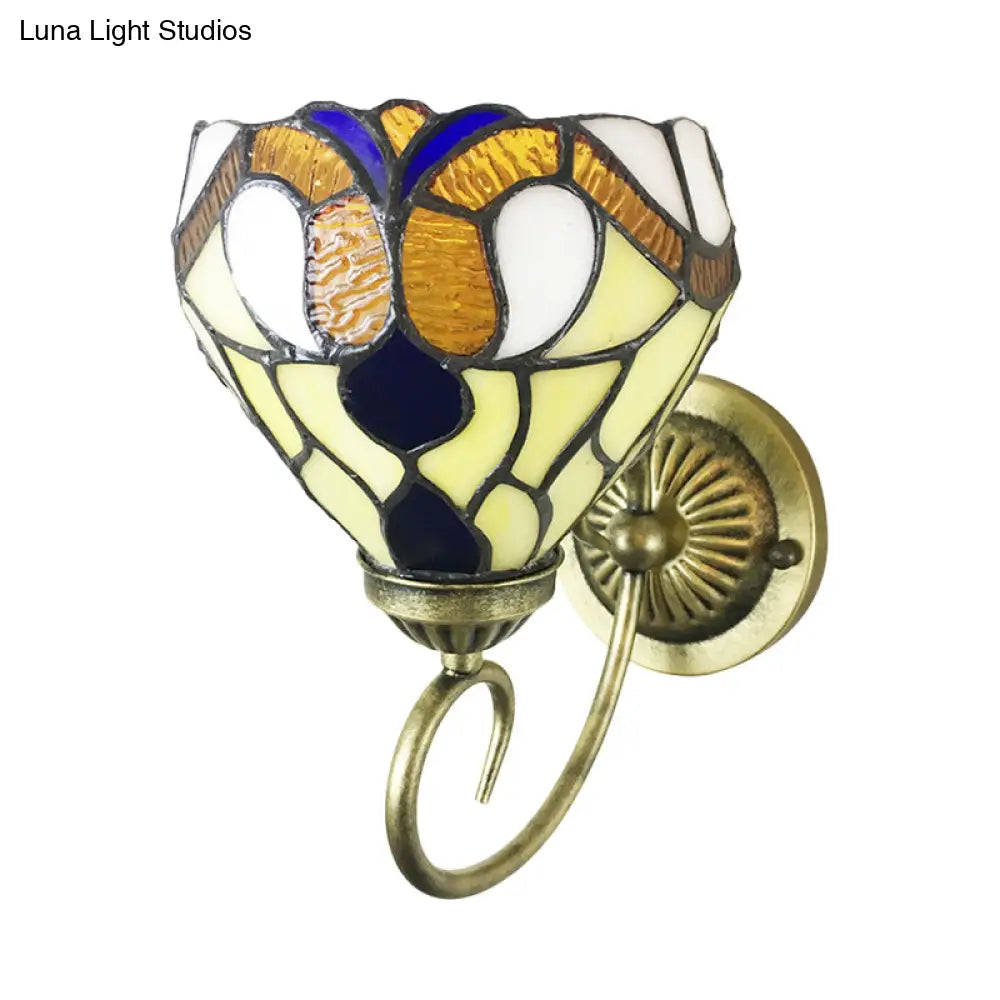 Stunning Metal Brass Tiffany Wall Sconce - Swirled Arm Design With 1-Light & Geometry Cut Glass