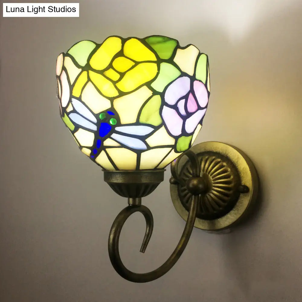 Stunning Metal Brass Tiffany Wall Sconce - Swirled Arm Design With 1-Light & Geometry Cut Glass