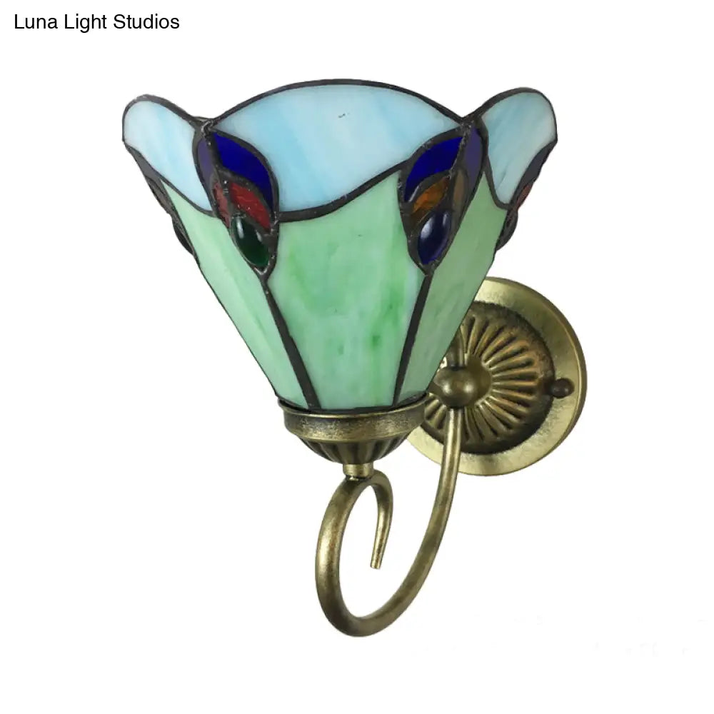 Stunning Metal Brass Tiffany Wall Sconce - Swirled Arm Design With 1-Light & Geometry Cut Glass