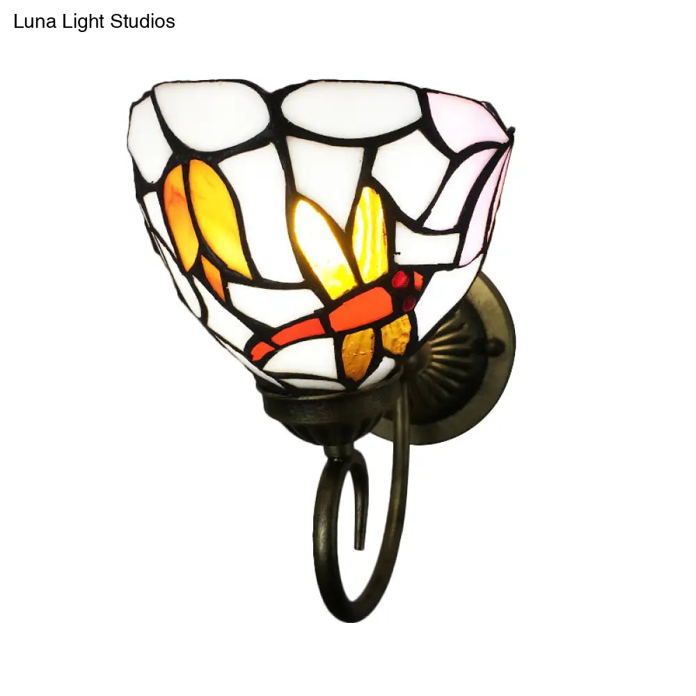 Stunning Metal Brass Tiffany Wall Sconce - Swirled Arm Design With 1-Light & Geometry Cut Glass