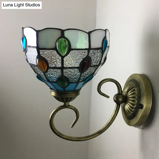 Stunning Metal Brass Tiffany Wall Sconce - Swirled Arm Design With 1-Light & Geometry Cut Glass