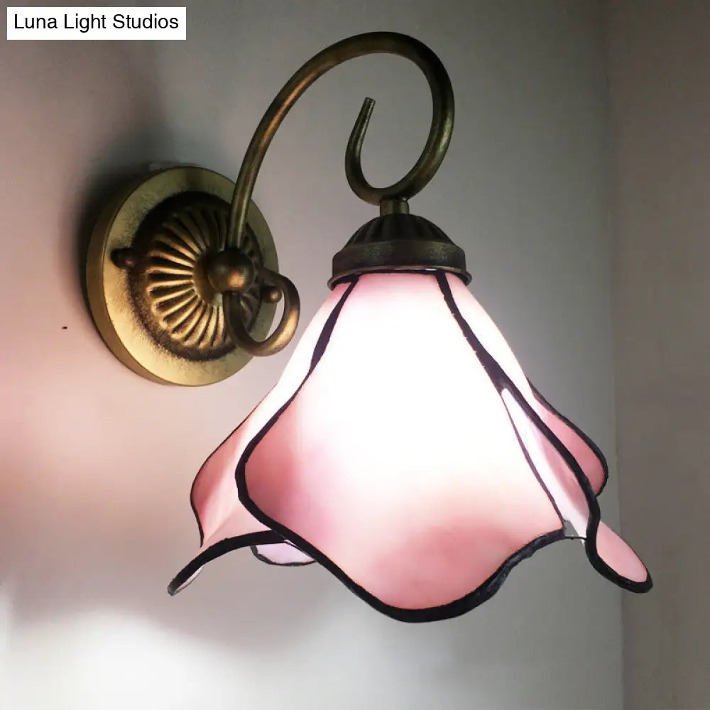 Stunning Metal Brass Tiffany Wall Sconce - Swirled Arm Design With 1-Light & Geometry Cut Glass