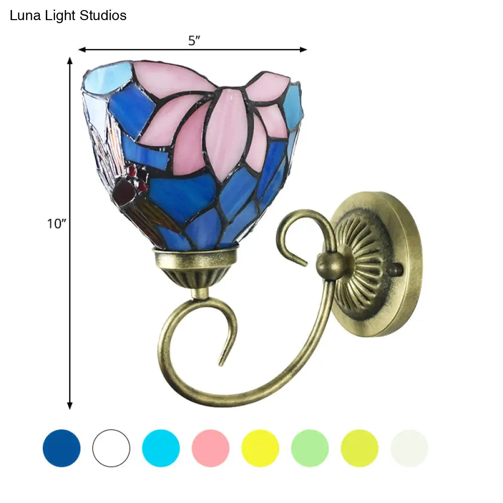 Stunning Metal Brass Tiffany Wall Sconce - Swirled Arm Design With 1-Light & Geometry Cut Glass