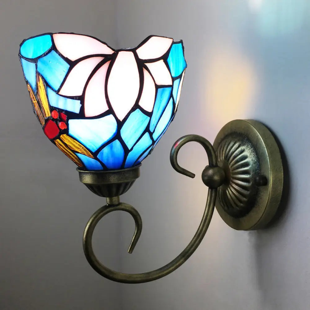 Stunning Metal Brass Tiffany Wall Sconce - Swirled Arm Design With 1-Light & Geometry Cut Glass