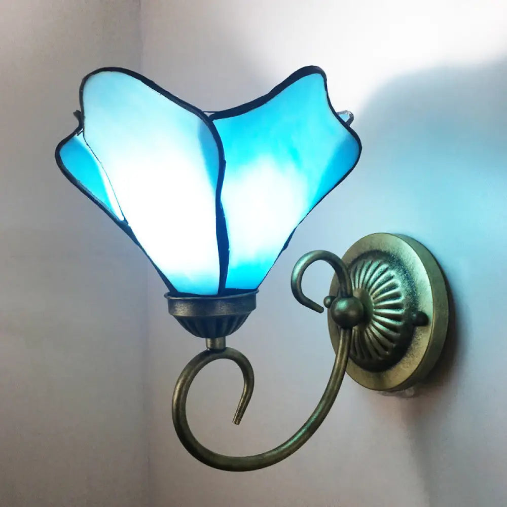 Stunning Metal Brass Tiffany Wall Sconce - Swirled Arm Design With 1-Light & Geometry Cut Glass