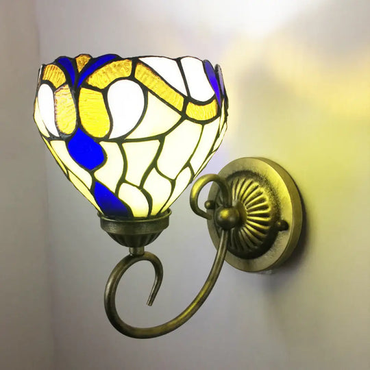 Stunning Metal Brass Tiffany Wall Sconce - Swirled Arm Design With 1-Light & Geometry Cut Glass