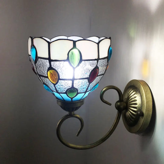 Stunning Metal Brass Tiffany Wall Sconce - Swirled Arm Design With 1-Light & Geometry Cut Glass