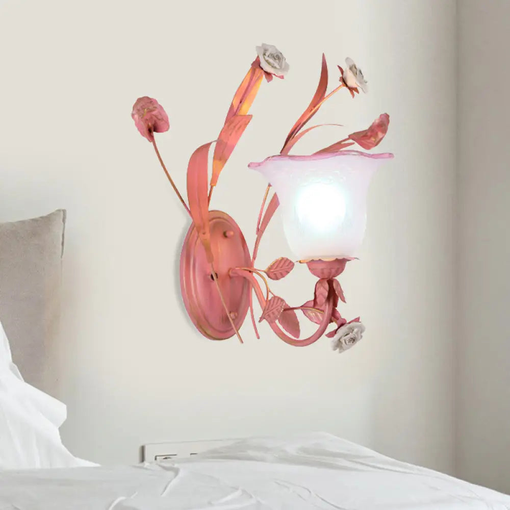 Stunning Pink Frosted Glass Bellflower Wall Sconce With Crystal Accent: Countryside 1/2-Light Lamp