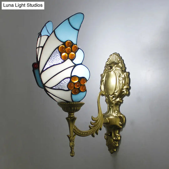 Stunning Stained Glass Wall Sconce Light: Tiffany 1 Head Mount Lamp With Curved Arm & Geometric