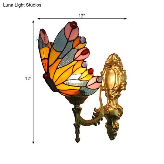 Stunning Stained Glass Wall Sconce Light: Tiffany 1 Head Mount Lamp With Curved Arm & Geometric