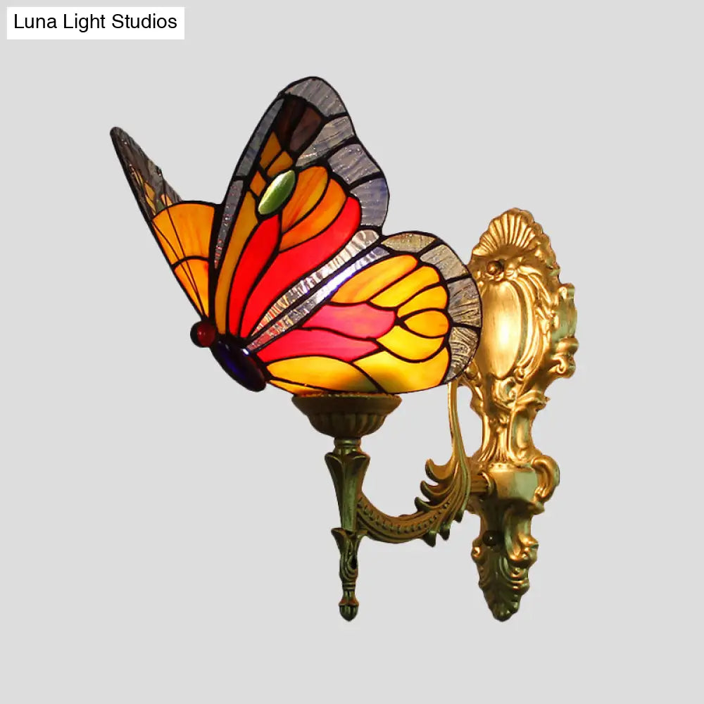 Stunning Stained Glass Wall Sconce Light: Tiffany 1 Head Mount Lamp With Curved Arm & Geometric