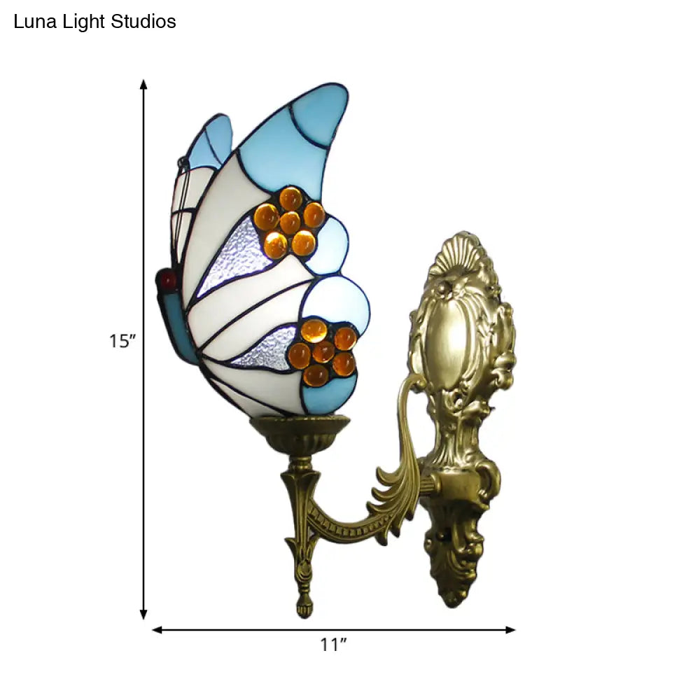 Stunning Stained Glass Wall Sconce Light: Tiffany 1 Head Mount Lamp With Curved Arm & Geometric