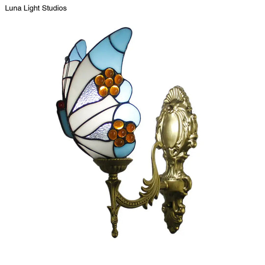 Stunning Stained Glass Wall Sconce Light: Tiffany 1 Head Mount Lamp With Curved Arm & Geometric