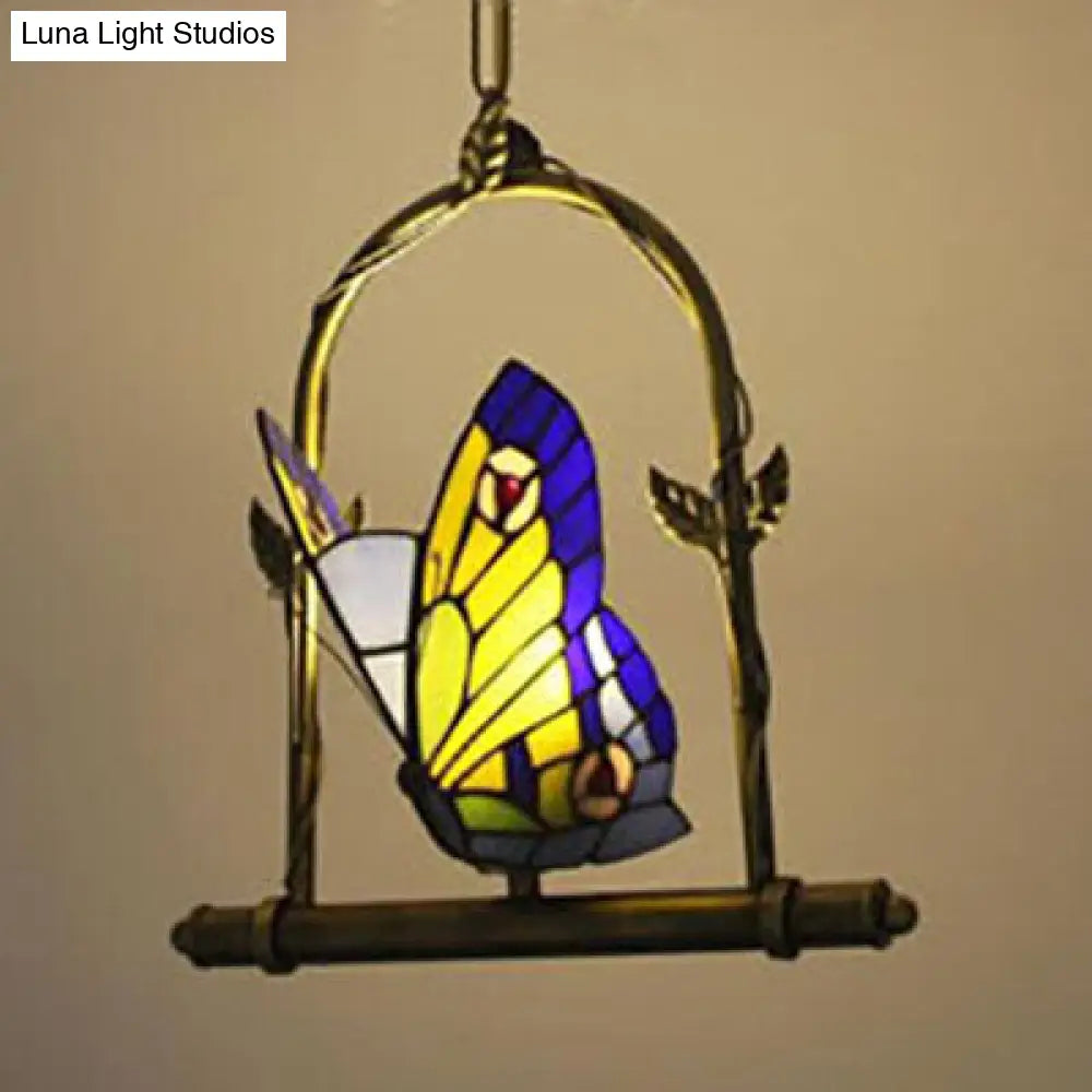 Warm Brass Tiffany Style Butterfly Pendant Light For Balcony - Stainless Glass 1-Light Suspension