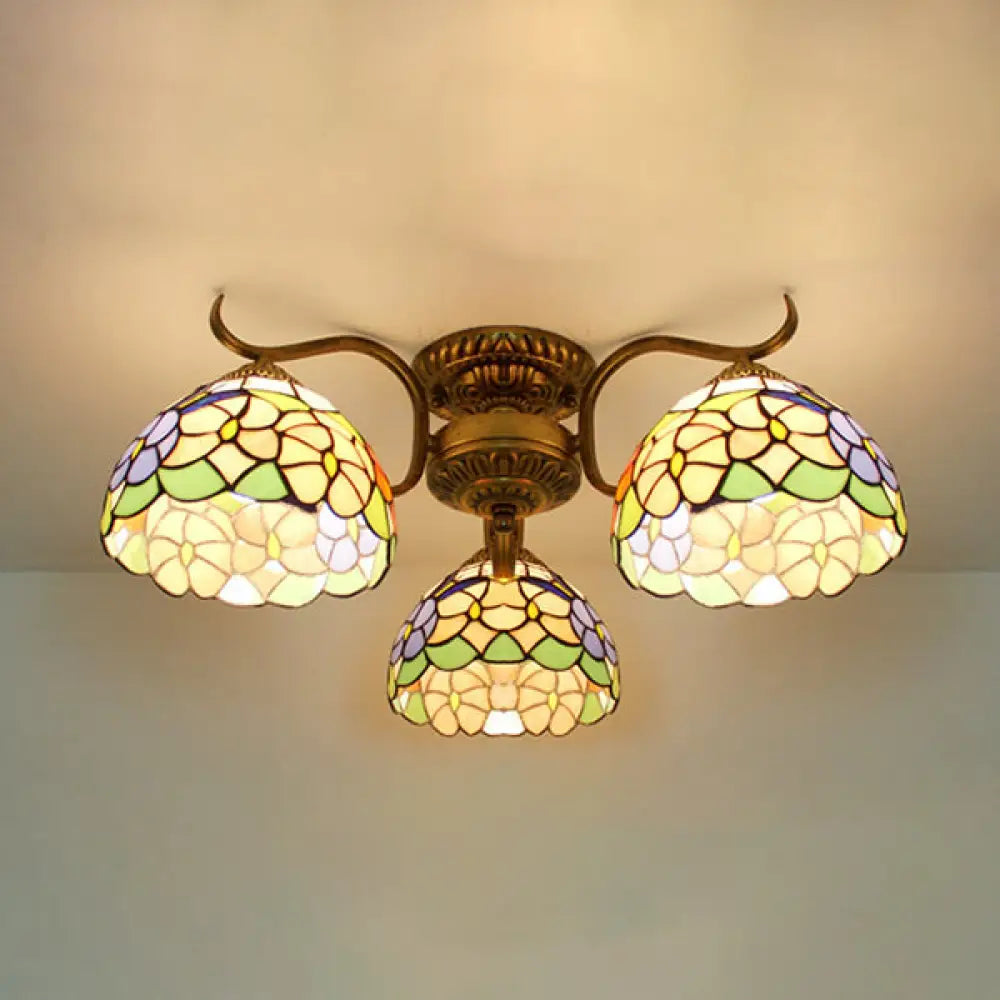 Stunning Tiffany Style Stained Glass Ceiling Light With Victorian Gem & Flower Design - 3 Semi