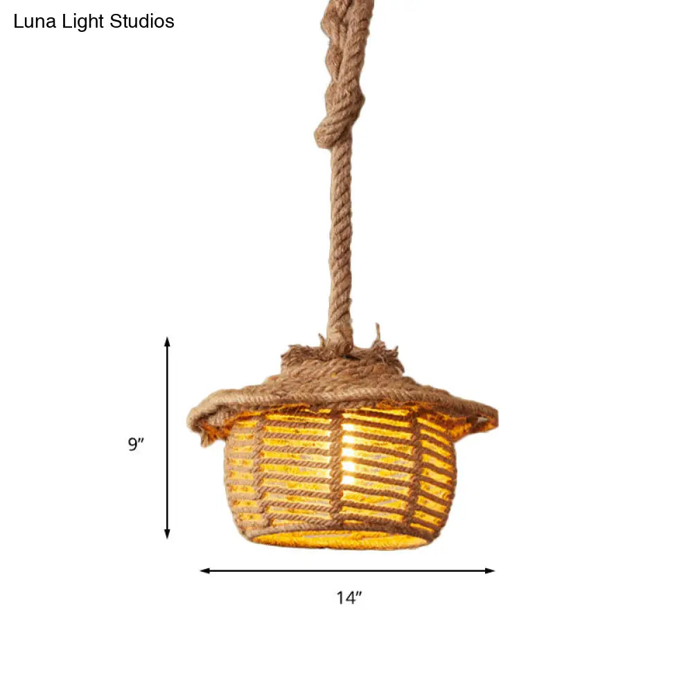 Stylish Hemp Rope House Suspended Ceiling Light Fixture In Beige For Coffee Shops - 1 Lodge