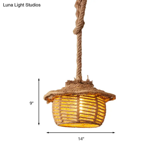 Stylish Hemp Rope House Suspended Ceiling Light Fixture In Beige For Coffee Shops - 1 Lodge