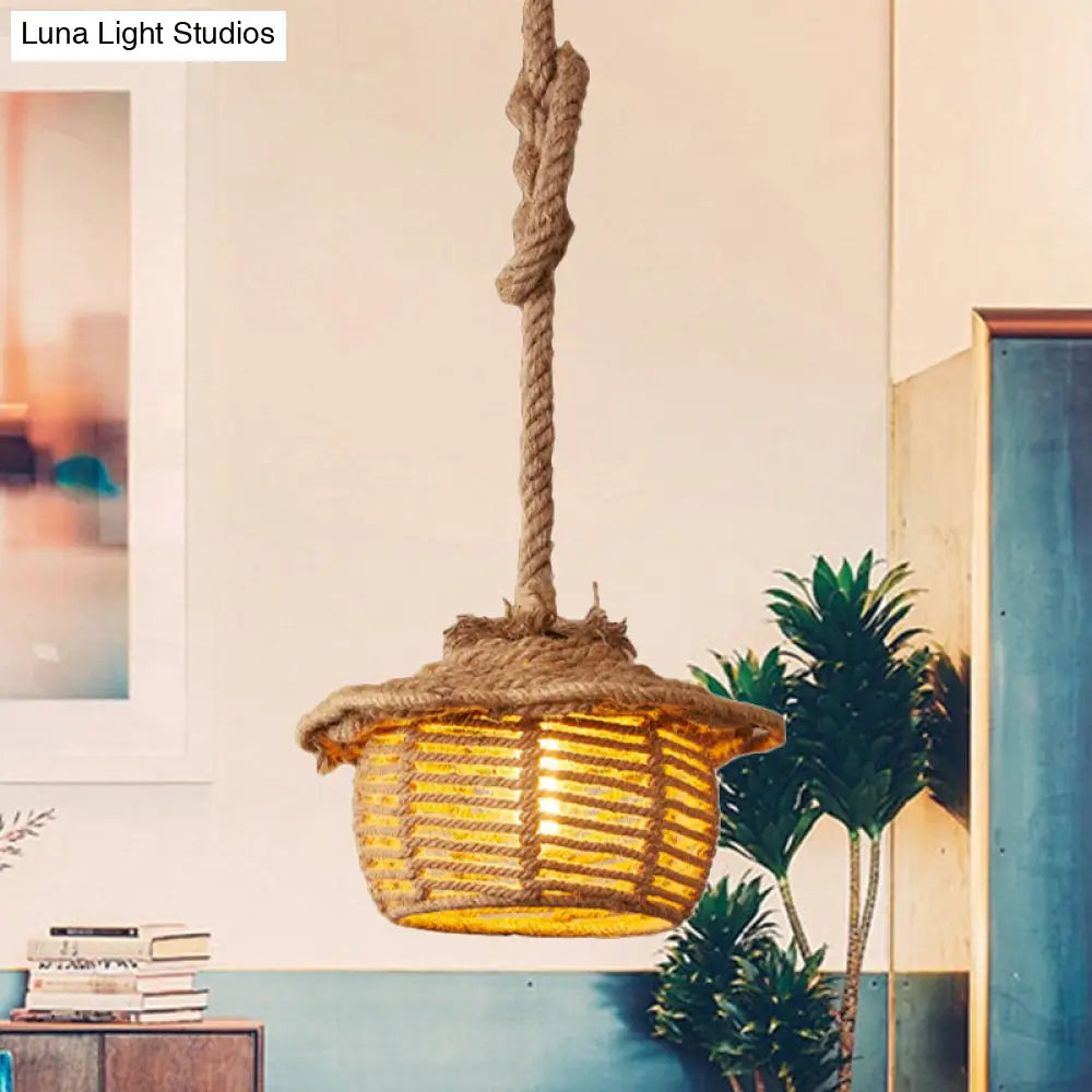 Stylish Hemp Rope House Suspended Ceiling Light Fixture In Beige For Coffee Shops - 1 Lodge