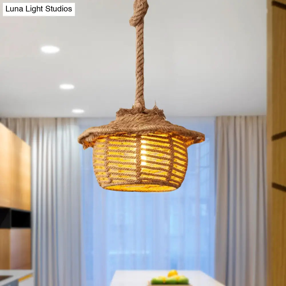 Stylish 1-Light Beige Hemp Rope Ceiling Light For Coffee Shops: House Suspended Lodge