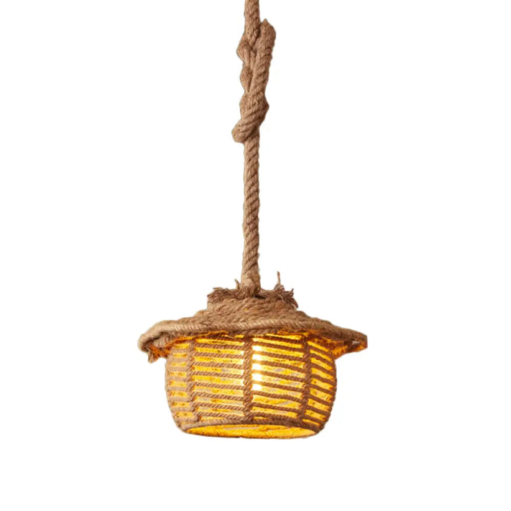 Stylish 1-Light Beige Hemp Rope Ceiling Light For Coffee Shops: House Suspended Lodge