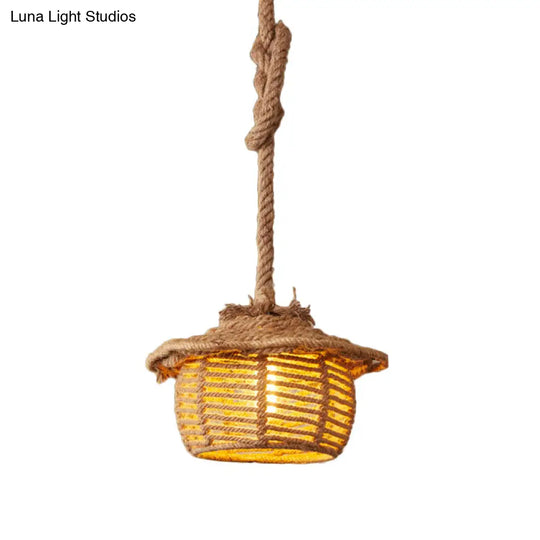 Stylish Hemp Rope House Suspended Ceiling Light Fixture In Beige For Coffee Shops - 1 Lodge