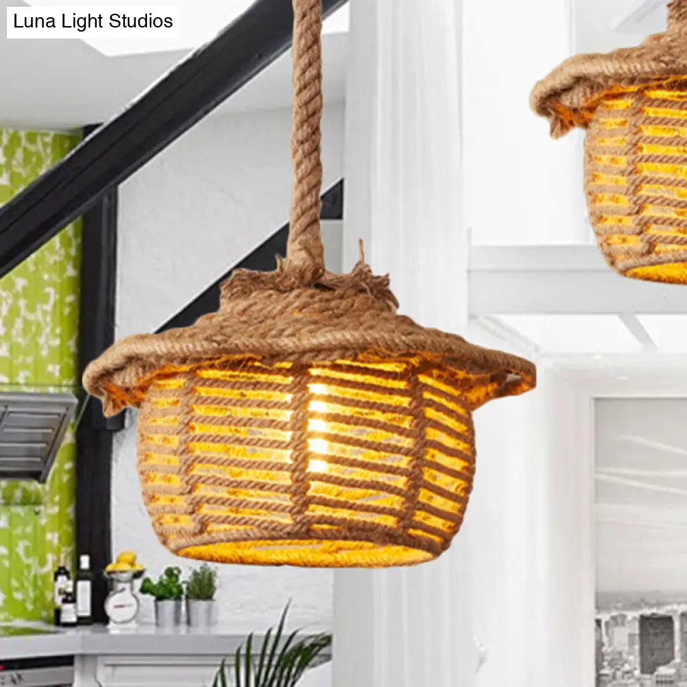 Stylish 1-Light Beige Hemp Rope Ceiling Light For Coffee Shops: House Suspended Lodge
