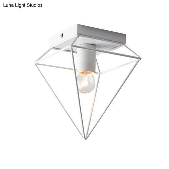 Stylish 1-Light Diamond Cage Flush Mount Ceiling Light - Black/White Metallic Lamp For Study Room