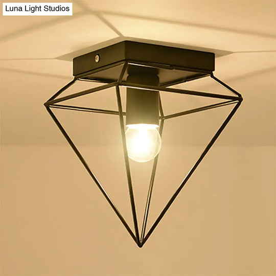 Stylish 1-Light Diamond Cage Flush Mount Ceiling Light - Black/White Metallic Lamp For Study Room