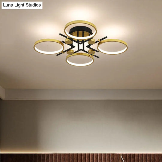 Stylish 4/6-Light Semi Flush Mount Gold Hoop Chandelier With Metal Frame - Warm/White/3 Color Light