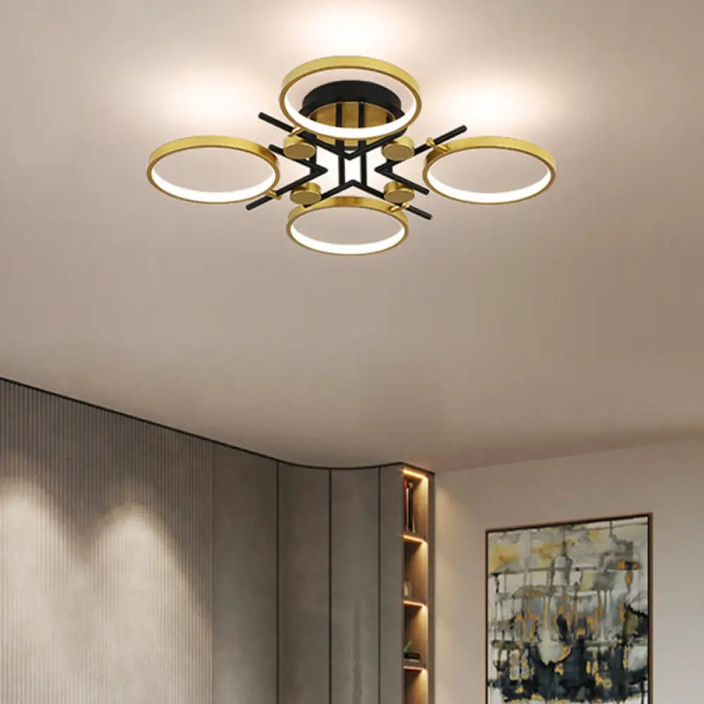 Stylish 4/6 - Light Semi Flush Mount Gold Hoop Chandelier With Metal Frame - Warm/White/3 Color