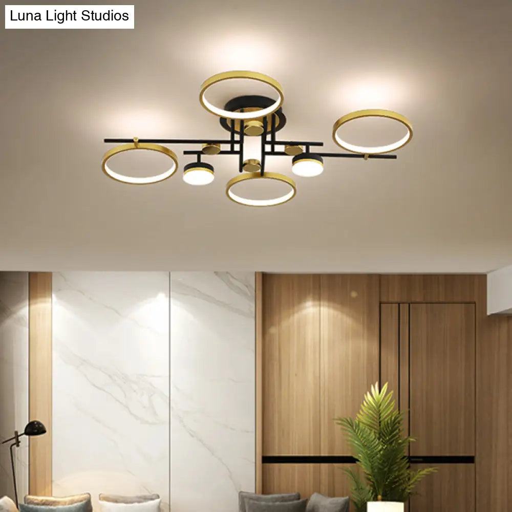 Stylish 4/6-Light Semi Flush Mount Gold Hoop Chandelier With Metal Frame - Warm/White/3 Color Light