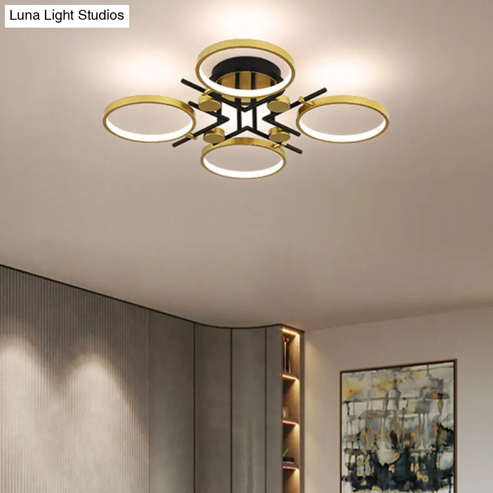 Stylish 4/6-Light Semi Flush Mount Gold Hoop Chandelier With Metal Frame - Warm/White/3 Color Light