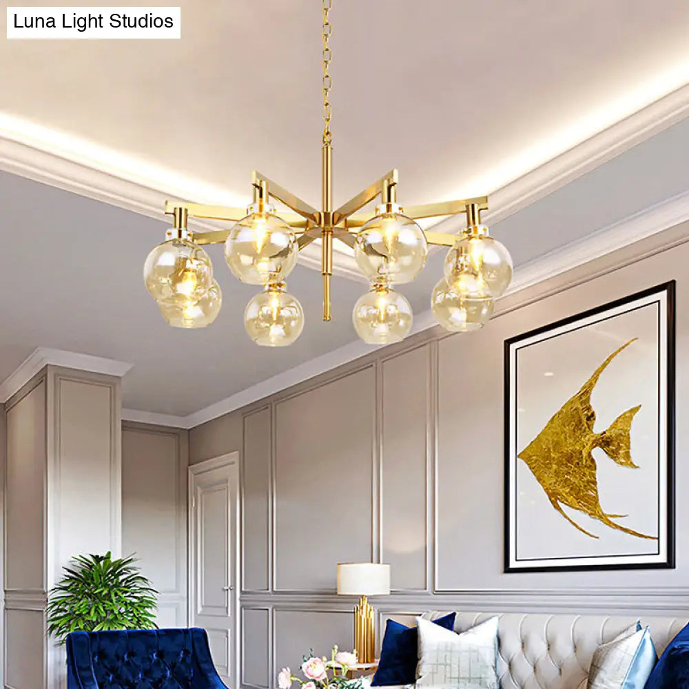 Contemporary 8-Head Gold Ball Chandelier With Amber Glass Shade - Stylish Ceiling Hanging Light