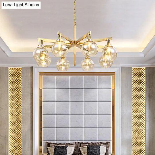 Contemporary 8-Head Gold Ball Chandelier With Amber Glass Shade - Stylish Ceiling Hanging Light